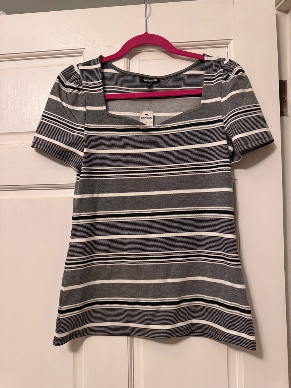 Express Gray and White Striped Square Neck Short Sleeve Top